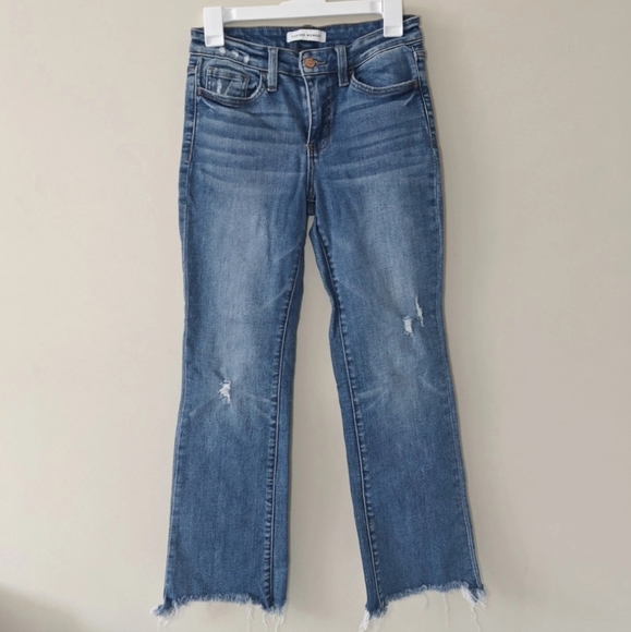 Flying Monkey Sz 26 Straight Leg Blue Jeans Raw Frayed Hem Mid Rise Ankle Flare - Picture 4 of 7